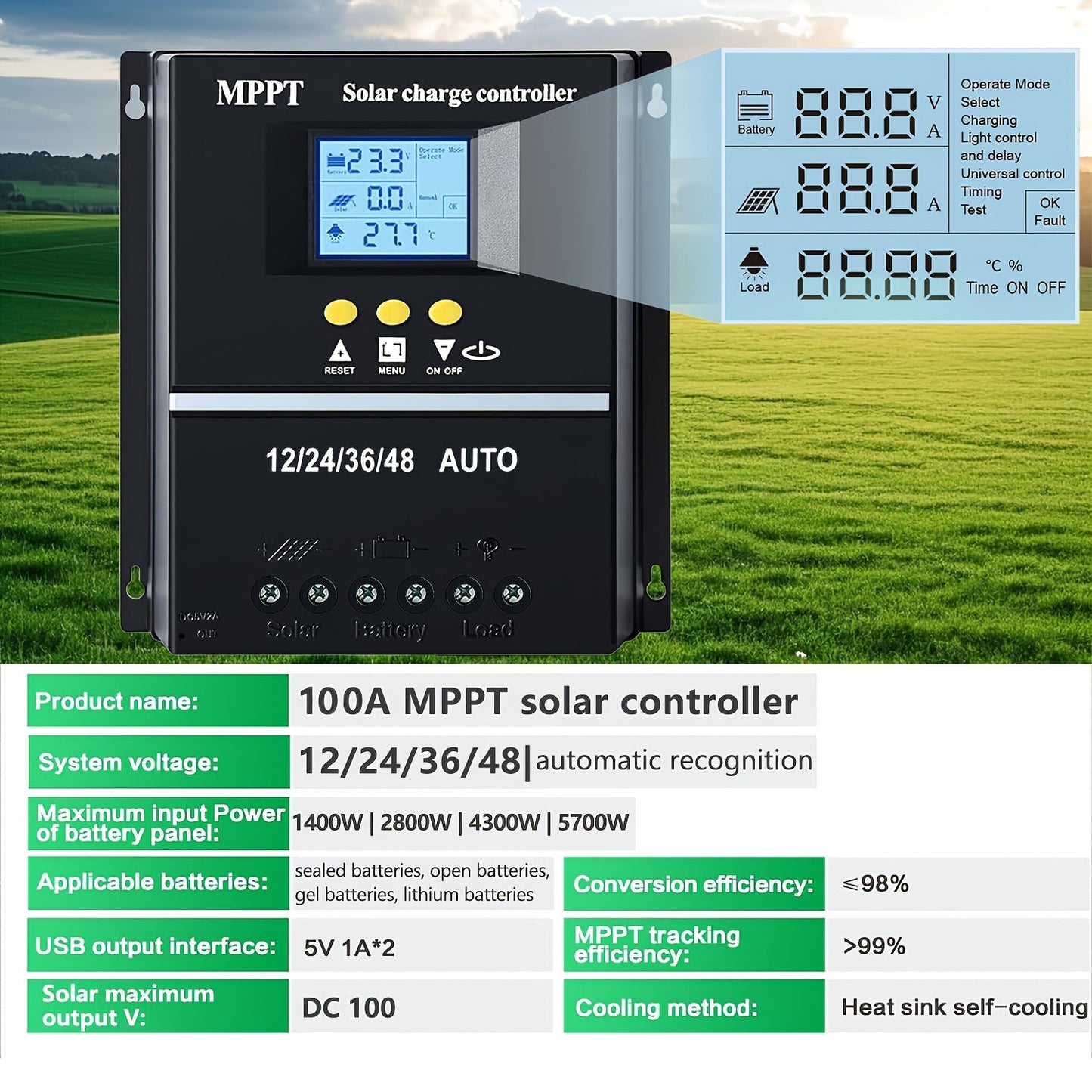 100A MPPT Solar Charge Controller with LCD Display & Auto Tracking - Compatible with Lead-Acid, Lithium & LiFePO4 Batteries, for Off-Grid Solar Systems, RV, Boat & Home