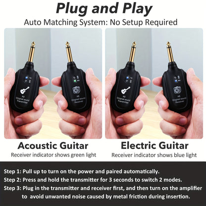 A8 Wireless Guitar System with Built-In Rechargeable Transmitter & Receiver – Stereo Audio, USB Charging, Compatible with Electric Guitar, Bass & Violin, Works with Amplifiers