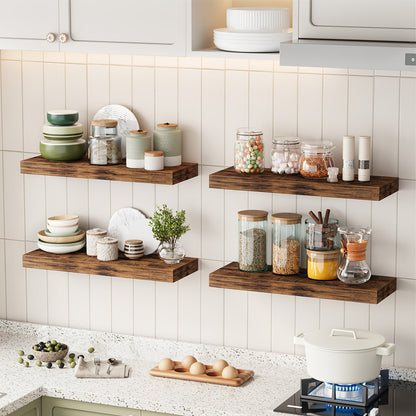 Floating Wall Shelves 15.8 Inch Rustic Finish with Invisible Brackets for Wall Decor Home Storage – 4 or 8 Pack in Rustic Brown Black Walnut