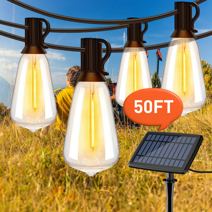 Solar LED String Lights Outdoor Waterproof 50FT & 100FT – ST38 Shatterproof Dimmable Bulbs, USB-C & Solar Powered, 4 Modes, for Patio Yard Pool Garden Wedding Camping Christmas Decor