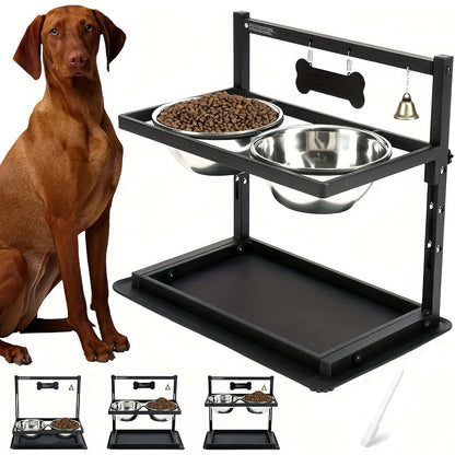 Adjustable Elevated Dog Bowl Stand with 2 Stainless Steel Bowls – Sturdy Metal Raised Feeder for Large & Medium Dogs, Height Adjustable Ergonomic Dog Food & Water Bowl Holder, Black