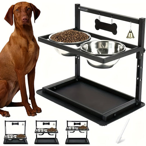 Adjustable Elevated Dog Bowl Stand with 2 Stainless Steel Bowls – Sturdy Metal Raised Feeder for Large & Medium Dogs, Height Adjustable Ergonomic Dog Food & Water Bowl Holder, Black