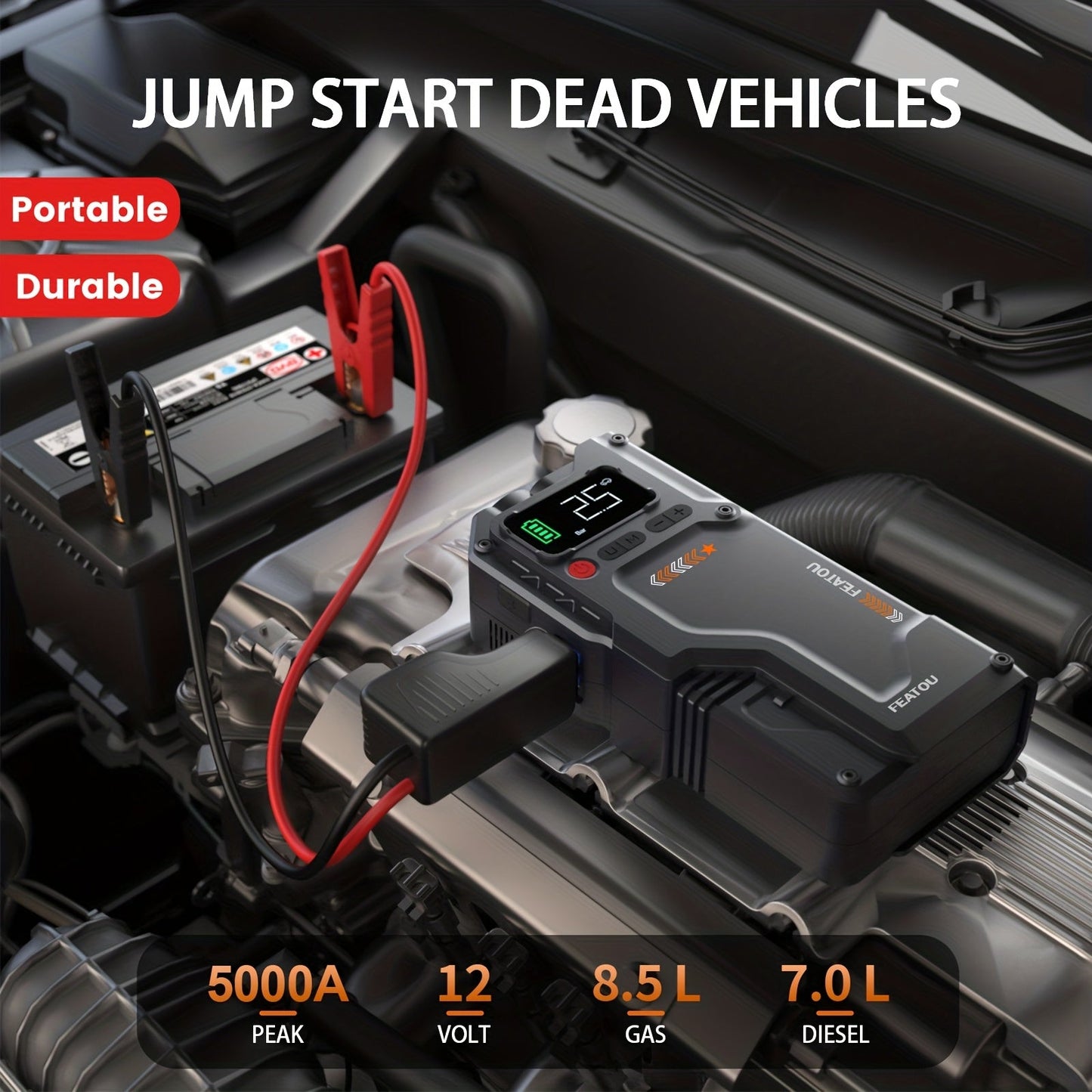 7000A Portable Jump Starter with Air Compressor – 5000A/7000A Peak Battery Pack with 150PSI Digital Tire Inflator, Fits 10L Gas & 2.38gal Diesel, Fast USB Charging & LED Emergency Light