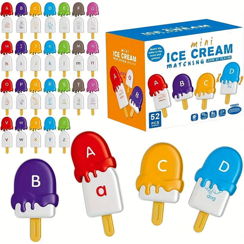 Ice Cream Preschool Learning Toy Set 52 Pieces Counting Color Sorting Stacking ABC Letters Uppercase and Lowercase Montessori Educational Toy for Toddlers Ages 3 and Up Birthday Gift