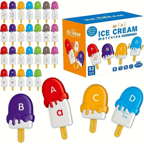 Ice Cream Preschool Learning Toy Set 52 Pieces Counting Color Sorting Stacking ABC Letters Uppercase and Lowercase Montessori Educational Toy for Toddlers Ages 3 and Up Birthday Gift