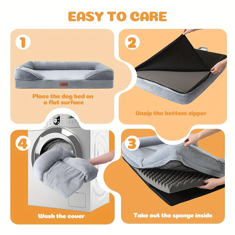 Extra Large Dog Sofa Bed 100% Supportive Foam 4-Sided Bolster Removable Washable Cover Non-Skid Bottom Joint Support Soft Warm Pet Couch Bed Grey M L XL XXL All Breeds