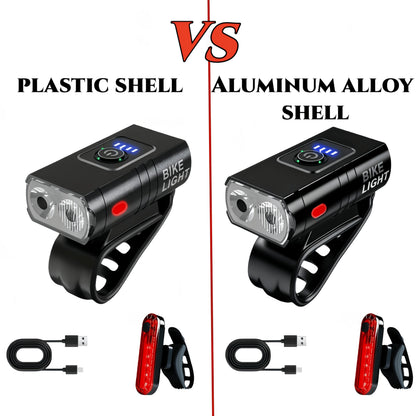 Ultra-Bright Bike Light Set USB Type-C Rechargeable – Aluminum Alloy Front Light 6 Modes & Rear Light 4 Modes, Fast Charge LED Bicycle Lights for Night Riding Camping Safety