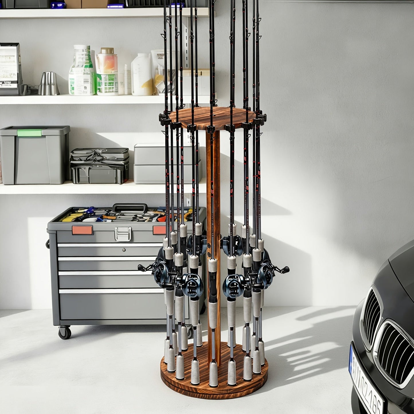 Circular Wooden Fishing Rod Rack Holds 16 Rods Space-Saving Fishing Pole Organizer for Garage Shed Man Cave – 360° Rotating & Fixed Options, Sturdy Wood Construction, Fisherman Gift