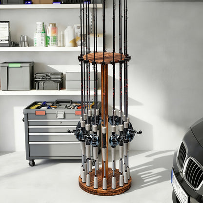 Circular Wooden Fishing Rod Rack Holds 16 Rods Space-Saving Fishing Pole Organizer for Garage Shed Man Cave – 360° Rotating & Fixed Options, Sturdy Wood Construction, Fisherman Gift