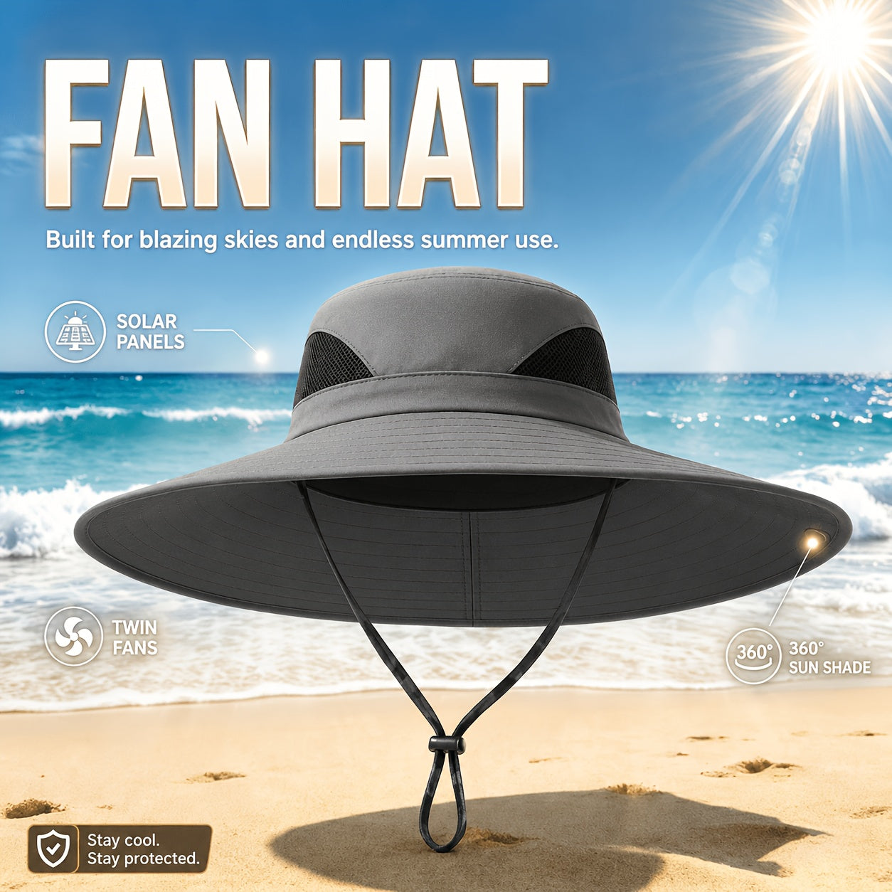 Solar Powered Cooling Fan Wide Brim Sun Hat – 2 Built-In Solar Fans, Adjustable Wind Speed, Breathable Mesh, UV Protection Outdoor Hat with Chin Strap for Fishing, Camping & Travel