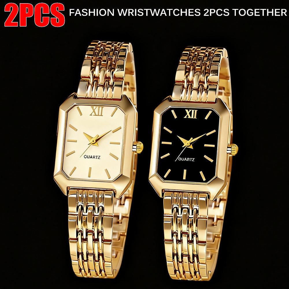 Women's Elegant Golden Tone Watch Set of 2 Stainless Steel Quartz Analog Wristwatch Rectangular Dial Round Case for Casual Dressy Special Occasions Gift for Her