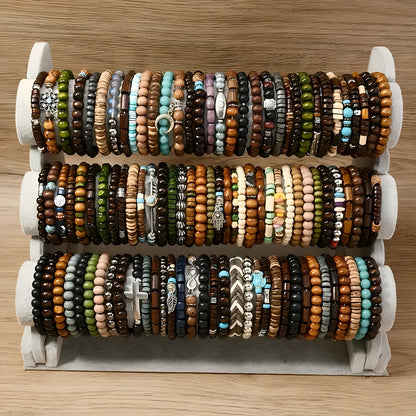 Boho Wood Beaded Bracelet Set – Stackable Elastic Bracelets with Turtle, Cross, Leaf & Feather Charms, Mixed Colors, Choose 12, 24, 47 or 87 Pcs – Perfect for Daily Wear & Gifting