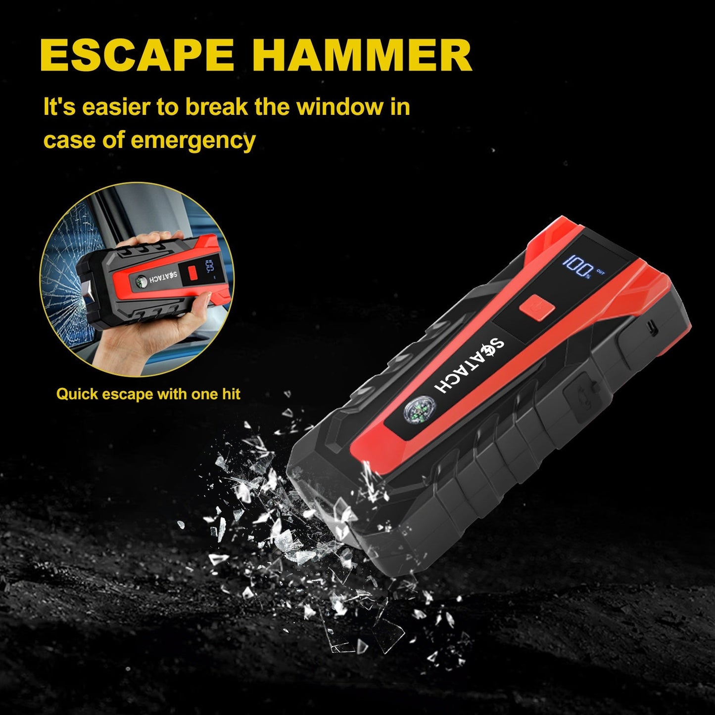 Car Jump Starter with Air Pump & Digital Tire Pressure Gauge – 12V Portable Emergency Starter for Cars, Trucks, SUV, RV & Motorcycles, LED Display, SOS Light & Window Breaker