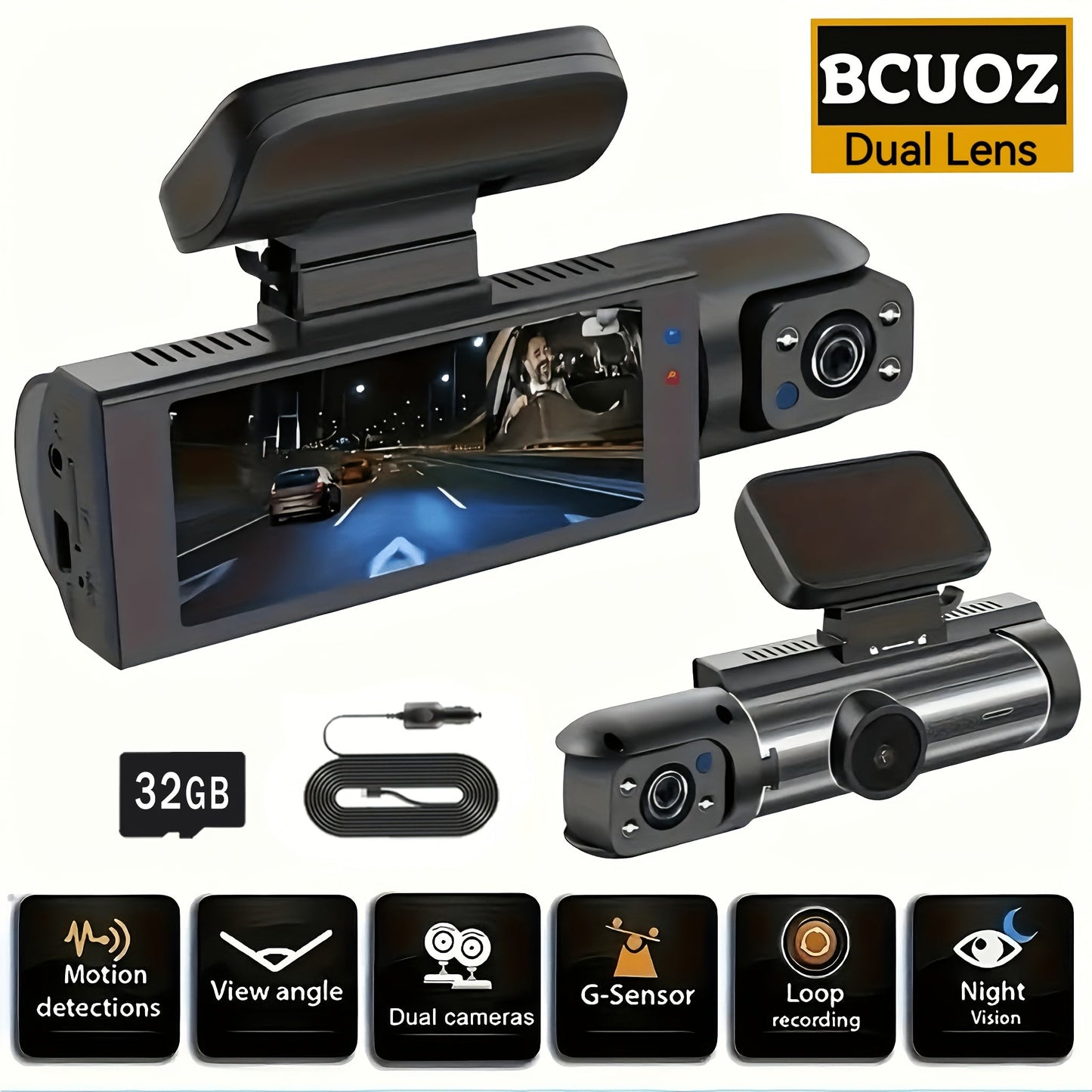 Dash Cam Front & Interior 1080P Front 720P Cabin IR Night Vision Loop Recording Wide Angle Car DVR Camera with 3.16" IPS Screen – Optional 32GB SD Card for Cars Rideshare Uber Lyft