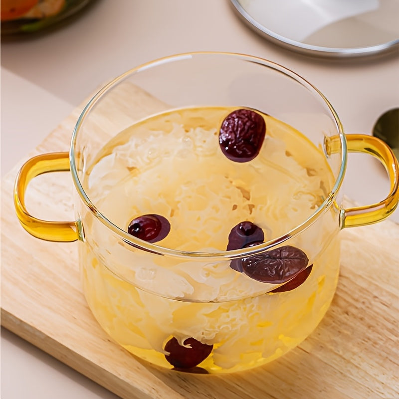 54oz Borosilicate Glass Soup Pot with Handle | Heat Resistant to 752°F | Stovetop & Oven Safe | Transparent Glass Cooker for Soup Congee Ramen Milk | Easy Clean Odorless | Green & Yellow Handle