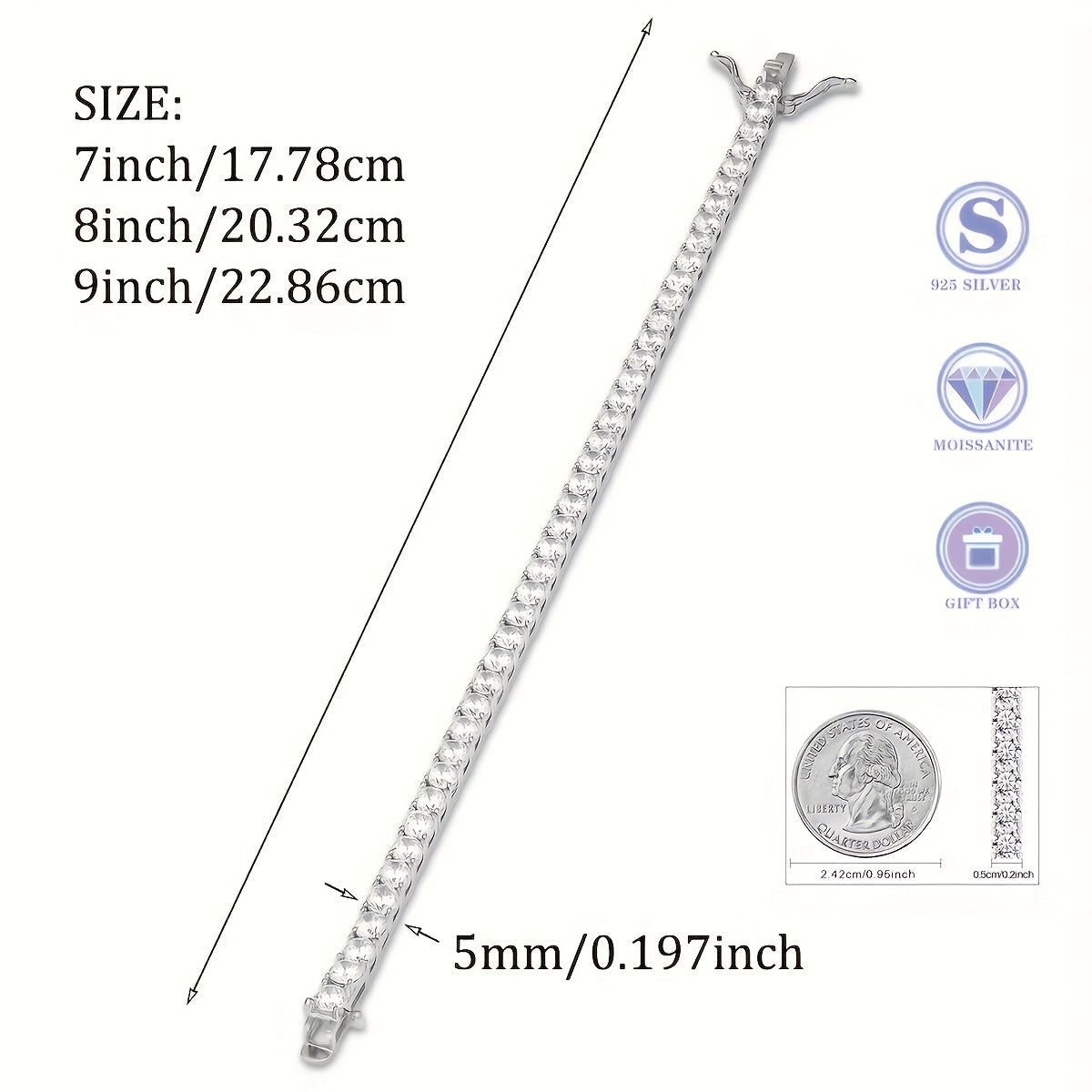 925 Sterling Silver Moissanite Tennis Bracelet 5mm 0.5 Carat Sparkling Luxury Jewelry Gift for Wedding Anniversary Birthday 4 Sizes