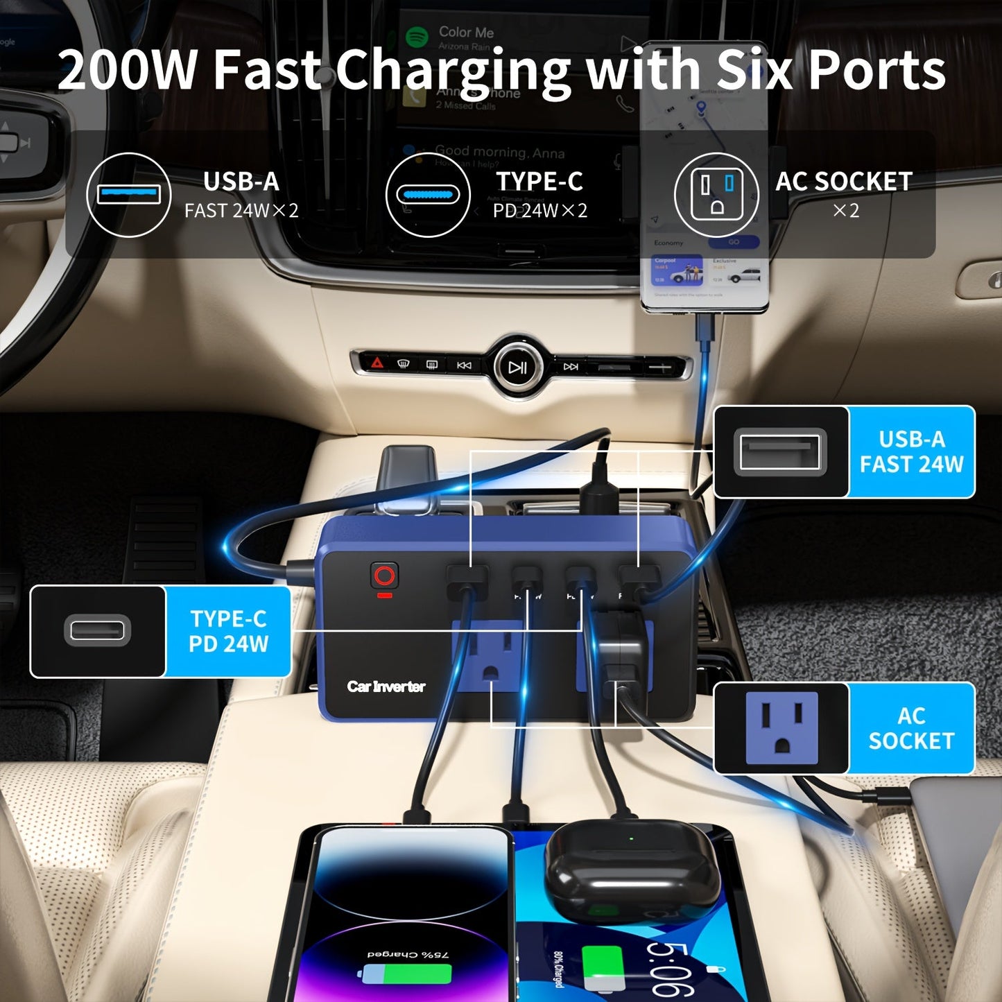 200W Car Power Inverter 12V to 110V AC – USB-C PD 24W Fast Charging, QC3.0 Dual USB Ports, Multi-Protection Car Charger Adapter for Laptop Phone Travel Road Trip