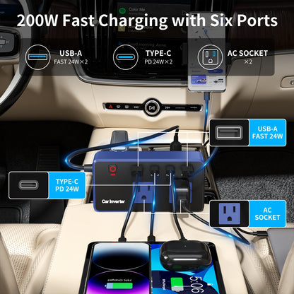 200W Car Power Inverter 12V to 110V AC – USB-C PD 24W Fast Charging, QC3.0 Dual USB Ports, Multi-Protection Car Charger Adapter for Laptop Phone Travel Road Trip