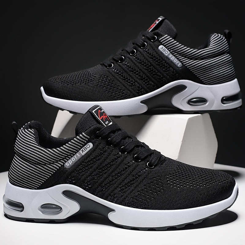 Men's Air Cushion Athletic Sneakers – Breathable Lace-Up Casual Sports Shoes with Slip-Resistant Sole, Black & White or Black Blue, Sizes US 6.5–11.5, Sporty Urban Style