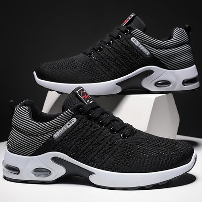Men's Air Cushion Athletic Sneakers – Breathable Lace-Up Casual Sports Shoes with Slip-Resistant Sole, Black & White or Black Blue, Sizes US 6.5–11.5, Sporty Urban Style