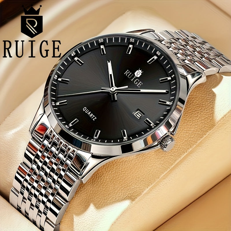 RUIGE Men's Luxury Quartz Watch Stainless Steel with Calendar Night Light Rhinestone Accents - Sports Business Dress Watch for Men Gift for Him