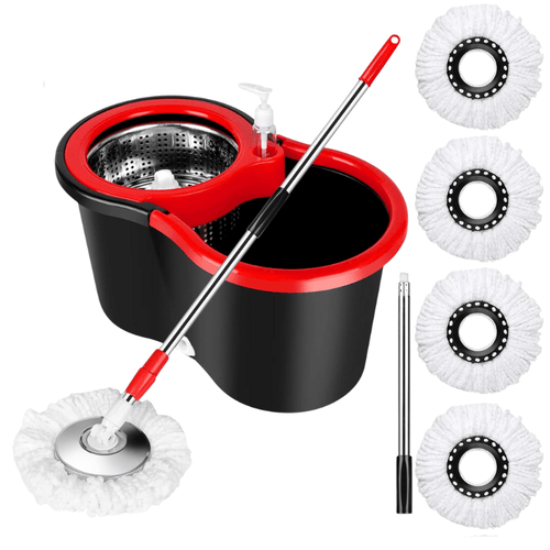 360° Spin Mop and Bucket with Wringer Set – 4 Microfiber Replacement Heads & Stainless Steel Adjustable Handle, Deep Clean Hardwood Tile Laminate Floors, Hands-Free Wringing Floor Cleaning System