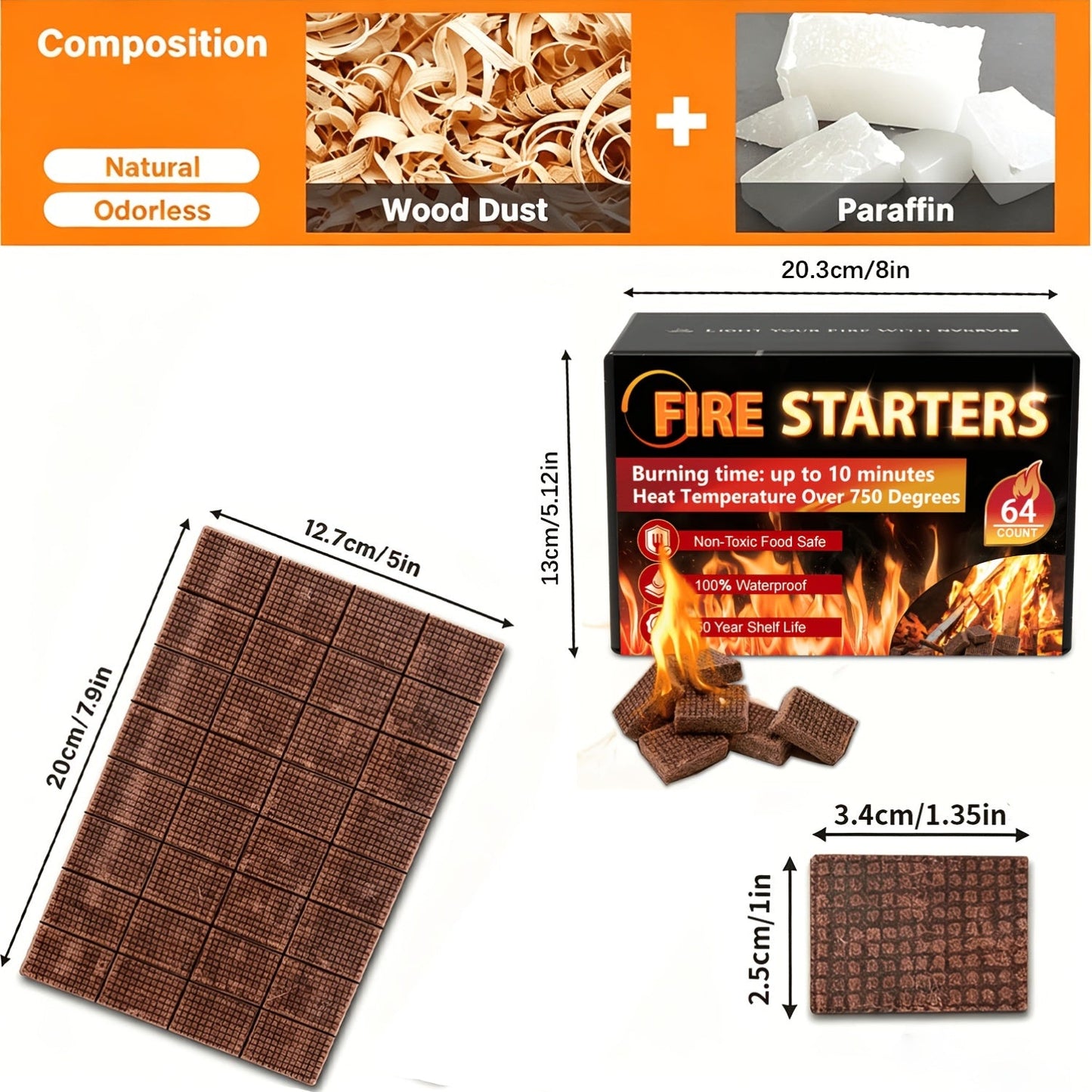 Fire Starter Squares – Waterproof Odorless Charcoal Firestarter Cubes for Campfire, BBQ, Grill, Fireplace & Wood Stove, No Kindling Needed, 32/64/128/192 Piece Packs