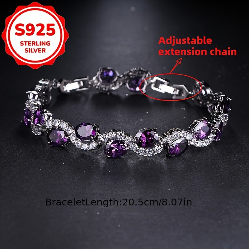 S925 Sterling Silver Purple Oval CZ Chain Bracelet for Women – Sparkling Cubic Zirconia Luxury Bracelet, Elegant Birthday & Anniversary Jewelry Gift