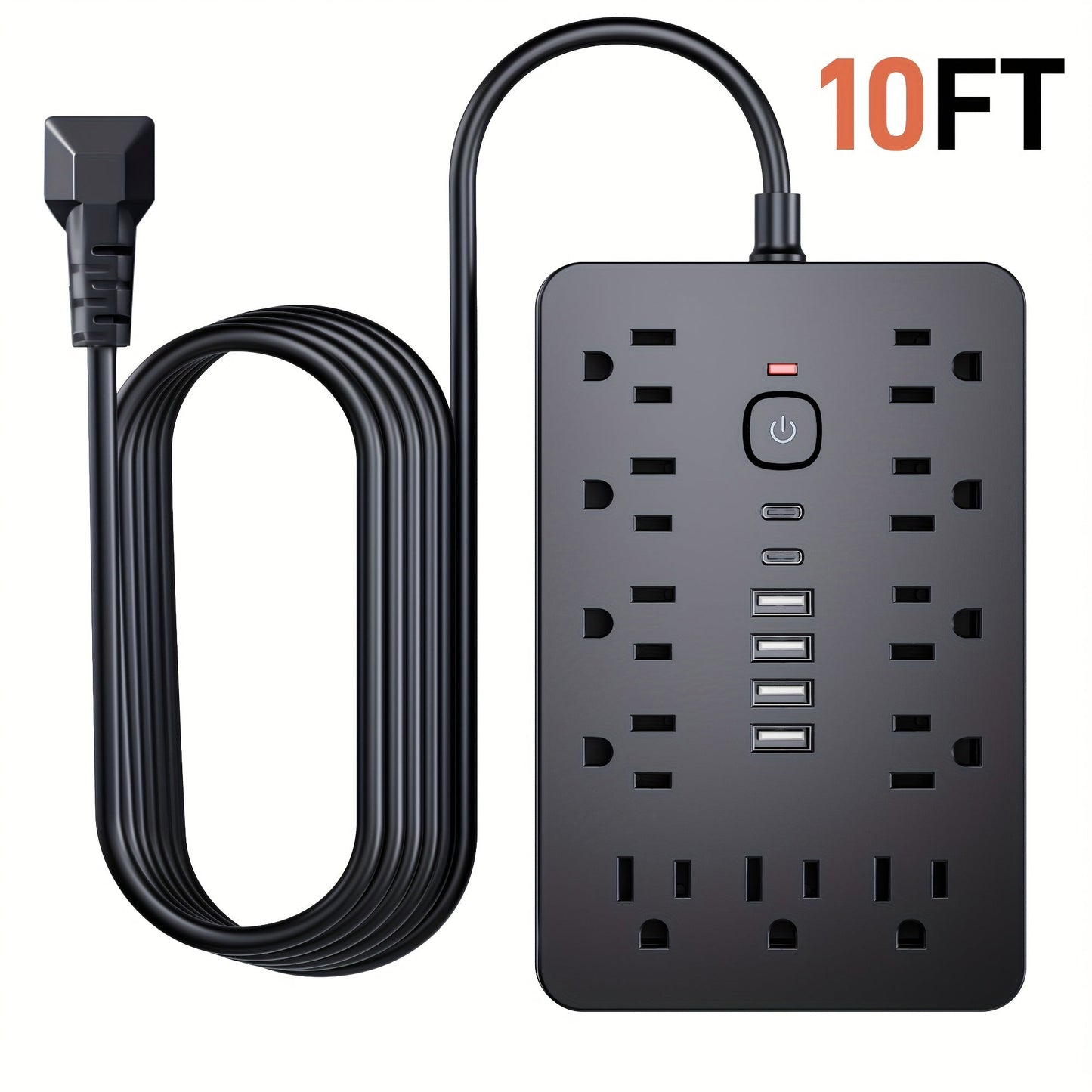 17-in-1 Power Strip Surge Protector with 11 AC Outlets 4 USB Ports 2 USB-C Ports Flat Plug Design Space-Saving Extension Cord for Home Office Desk Kitchen 5ft 10ft Cord