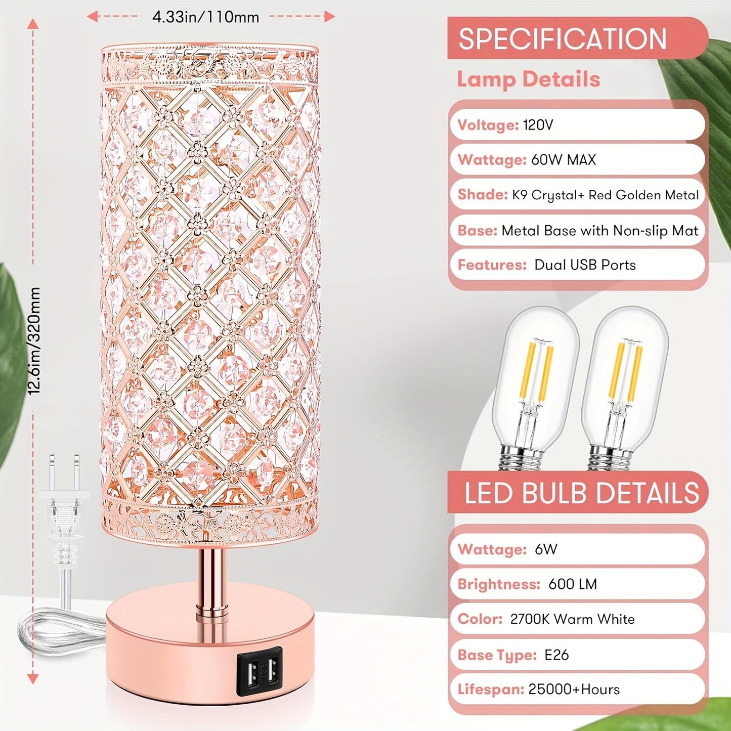 Crystal Touch Table Lamp 3-Way Dimmable with 2 USB Charging Ports LED Bulb Included Decorative Bedside Nightstand Light for Bedroom Living Room Office – Antique Bronze Rose Gold Silver