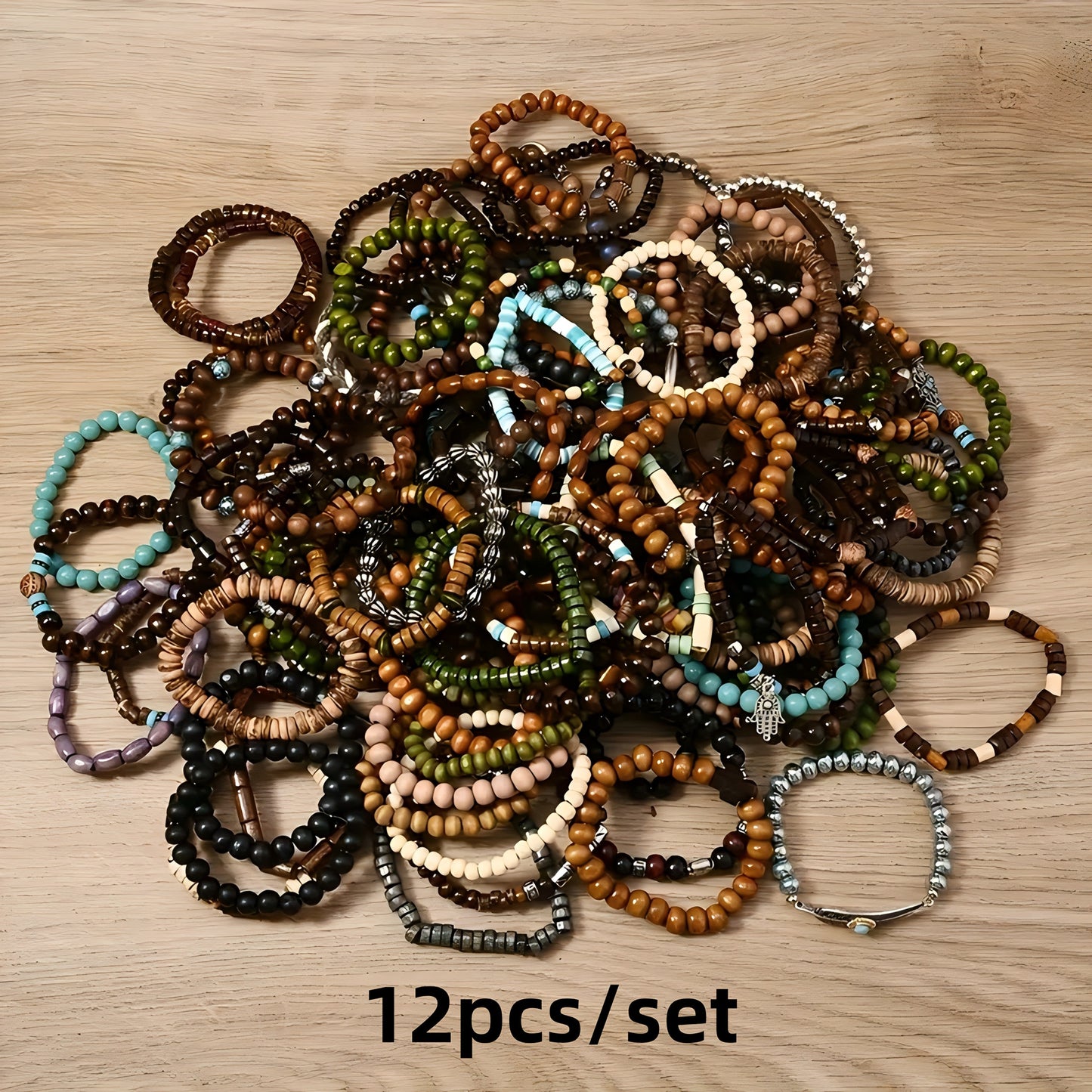 Boho Wood Beaded Bracelet Set – Stackable Elastic Bracelets with Turtle, Cross, Leaf & Feather Charms, Mixed Colors, Choose 12, 24, 47 or 87 Pcs – Perfect for Daily Wear & Gifting