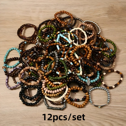Boho Wood Beaded Bracelet Set – Stackable Elastic Bracelets with Turtle, Cross, Leaf & Feather Charms, Mixed Colors, Choose 12, 24, 47 or 87 Pcs – Perfect for Daily Wear & Gifting