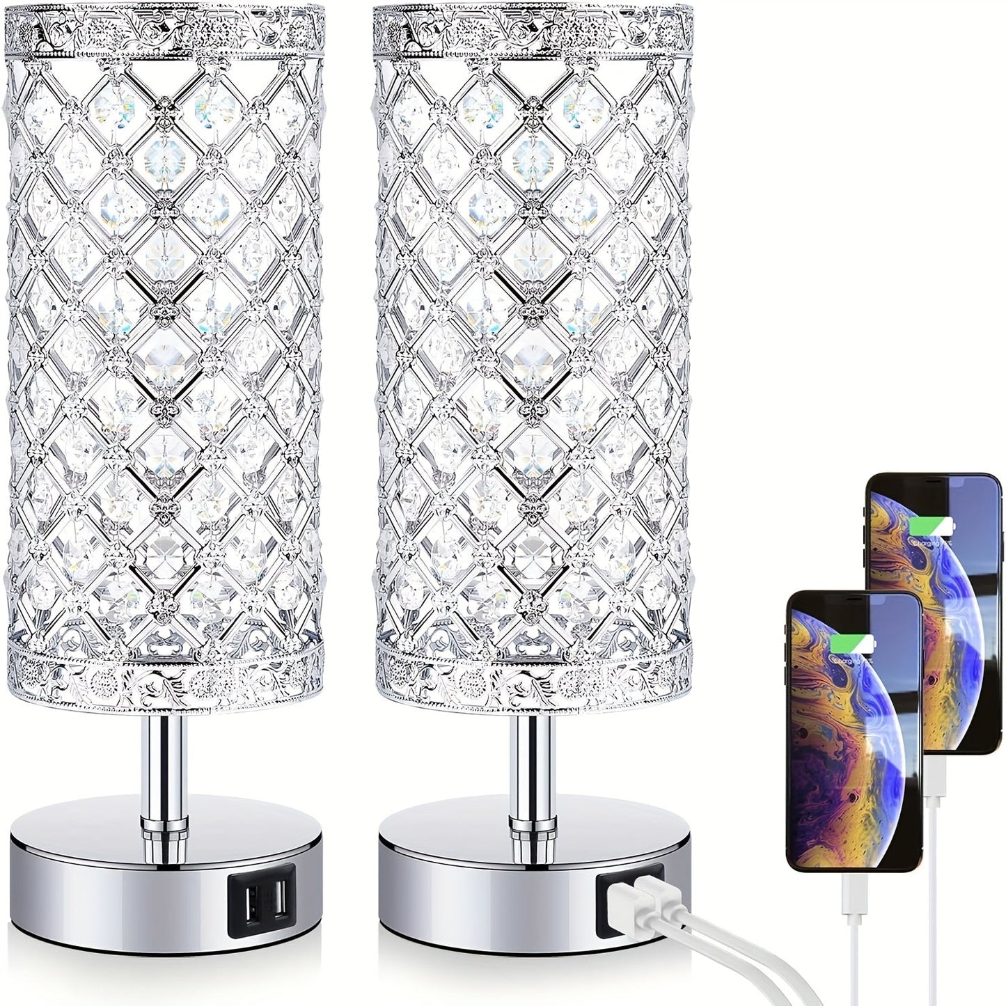 Crystal Touch Table Lamp 3-Way Dimmable with 2 USB Charging Ports LED Bulb Included Decorative Bedside Nightstand Light for Bedroom Living Room Office – Antique Bronze Rose Gold Silver