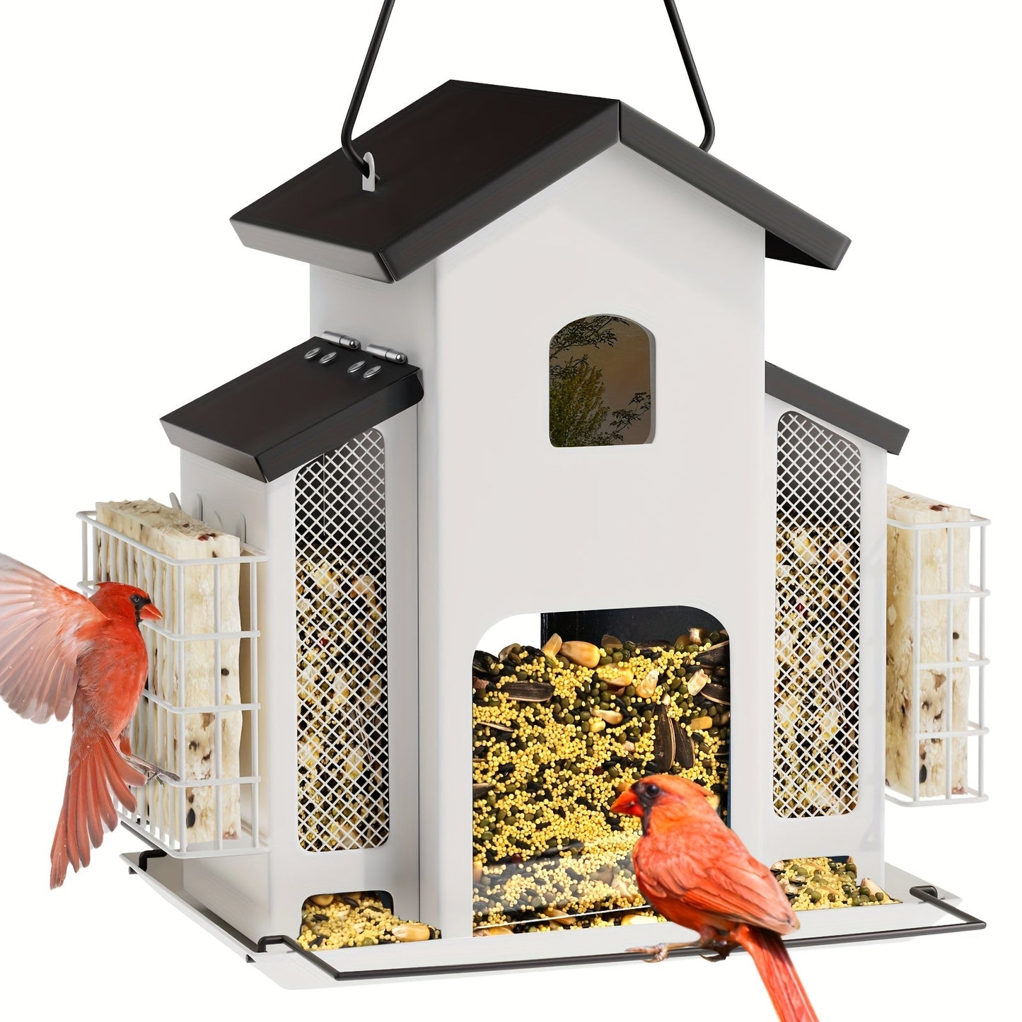 Vintage Metal Wild Bird Feeder for Outside – Triple Feeders for Finch, Cardinal & Chickadee, Large Capacity Metal Mesh Design with Easy-Hang Chains & Window Cut-Outs, 7 Style Options