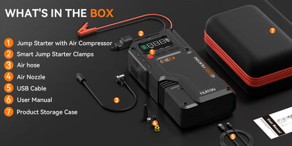 7000A Portable Jump Starter with Air Compressor – 5000A/7000A Peak Battery Pack with 150PSI Digital Tire Inflator, Fits 10L Gas & 2.38gal Diesel, Fast USB Charging & LED Emergency Light