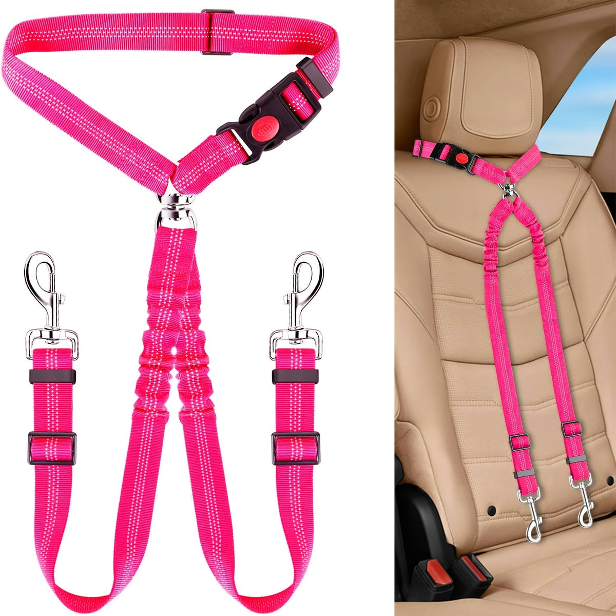 Dual Dog Car Seat Belt for 2 Dogs No-Tangle Headrest Restraint Adjustable Bungee Pet Safety Harness for Small Medium Large Dogs Car Travel