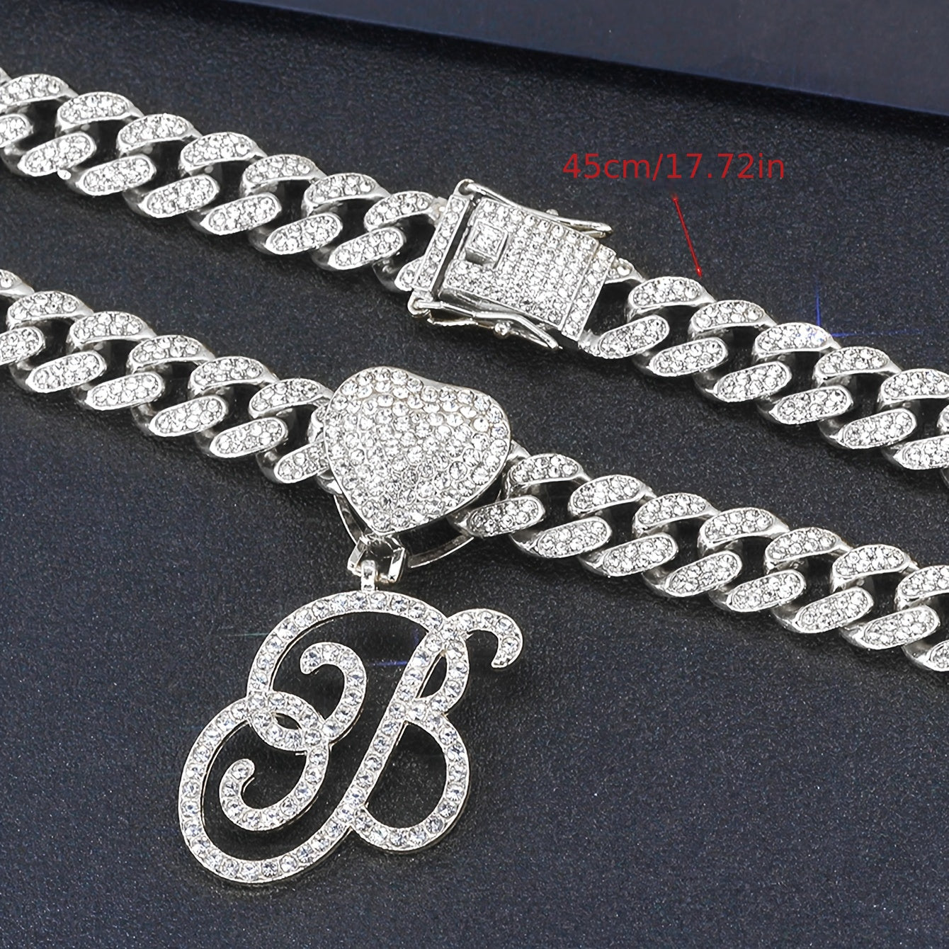 Initial Letter Necklace for Men & Women – Personalized A-Z Silver Cuban Chain with Heart Pendant, Hip Hop Style, 45cm / 17.71in, Perfect Gift for Sports Fans, Birthdays & Everyday Wear