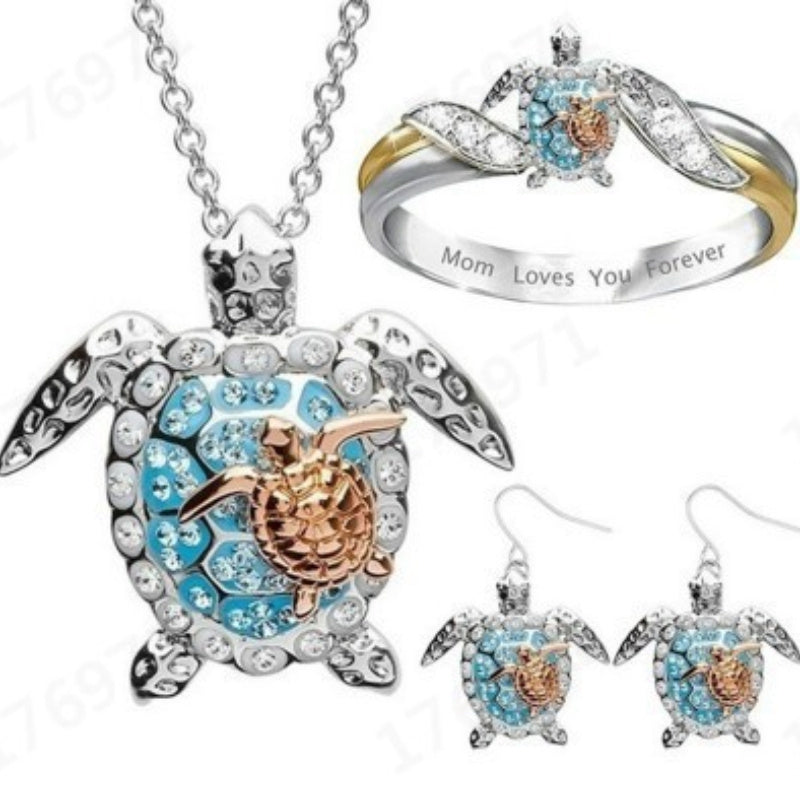 Turtle Jewelry Set for Women – S925 Silver Gold-Tone Necklace, Earrings & Ring with Cubic Zirconia, Boho Elegant 3-Piece Set for Daily Wear, Birthday Gift, Valentine's Day & Women's Gift