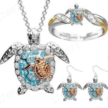 Turtle Jewelry Set for Women – S925 Silver Gold-Tone Necklace, Earrings & Ring with Cubic Zirconia, Boho Elegant 3-Piece Set for Daily Wear, Birthday Gift, Valentine's Day & Women's Gift