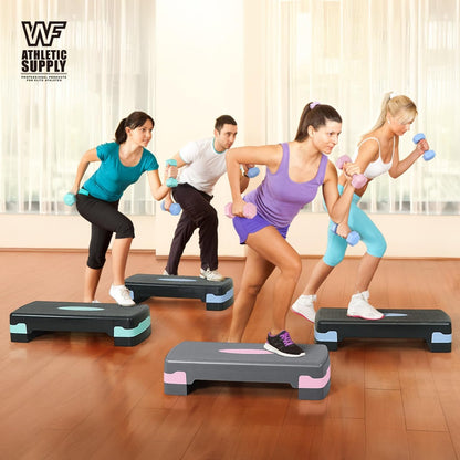 Adjustable Height Aerobic Stepper Set with 2 Dumbbells & Measuring Tape – Home Workout Exercise Step Platform with Level Risers, Non-Slip, 550 LB Capacity, 3 Colors Blue Green Pink