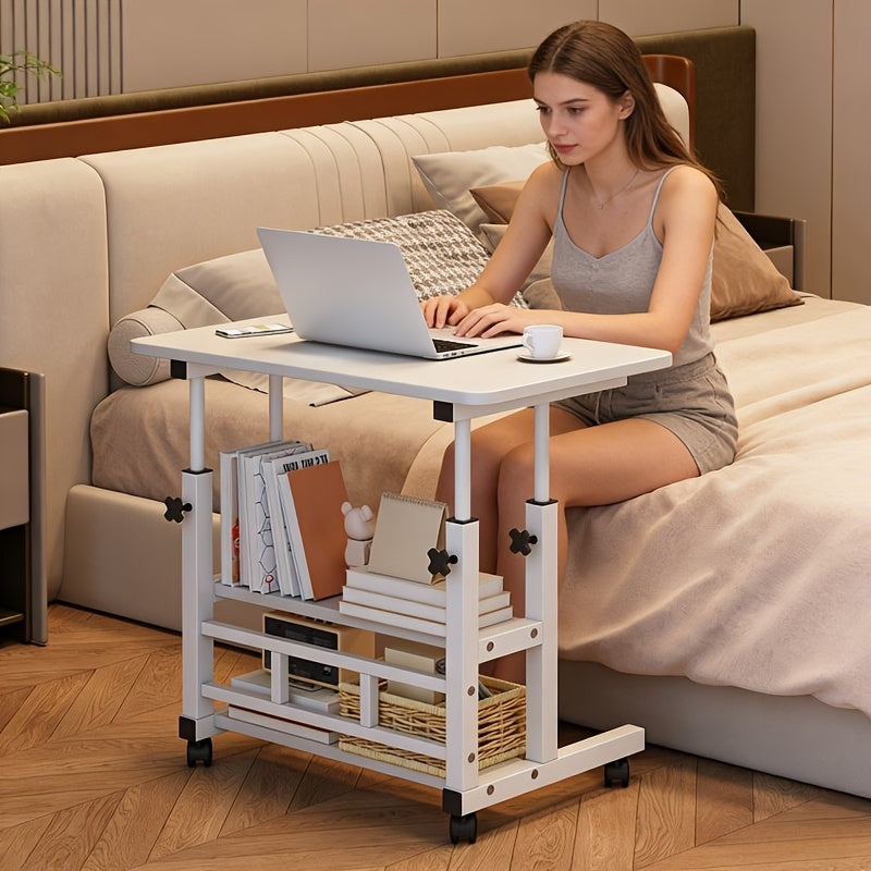 3-Tier Rolling Folding Desk with Wheels Height Adjustable Expandable Desktop Storage Shelf for Laptop Study Home Office Bedroom Living Room Computer Table