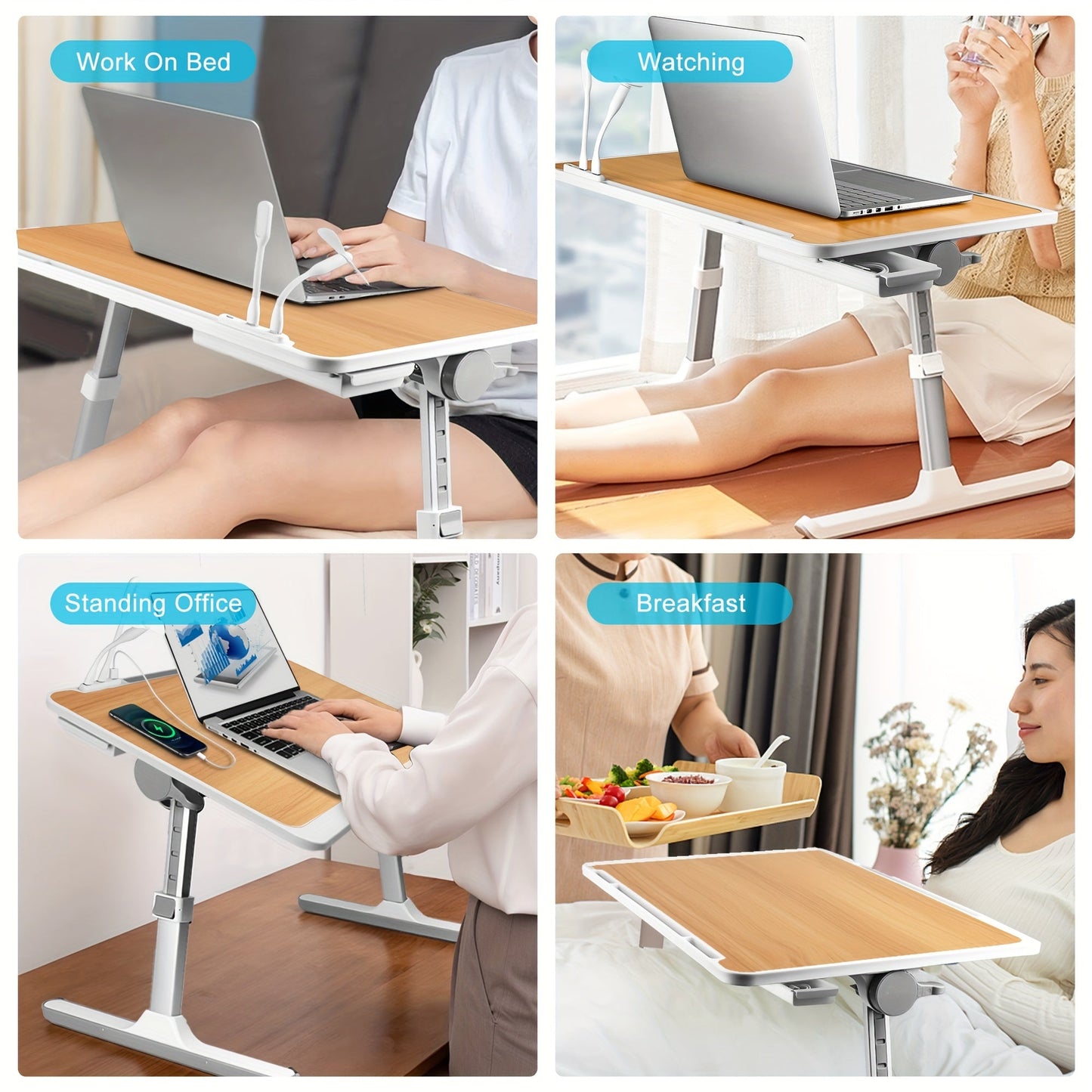 Lap Desk Bed Tray Table with USB Light Fan & Drawer – Adjustable Portable Laptop Stand for Bed Couch Sofa, Laptop Desk for Reading Writing Eating, 10 Colors & Sizes