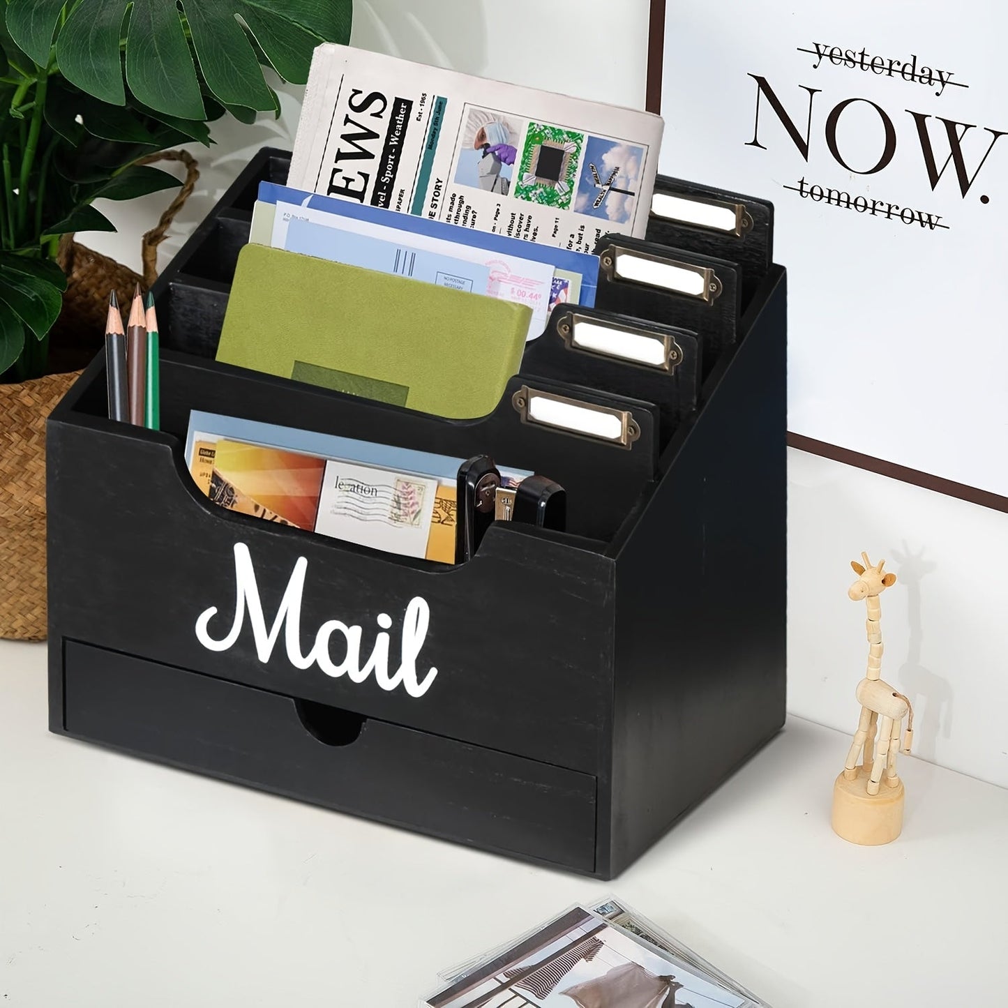 Large Solid Wood Desktop Mail Organizer with Drawer and 4 Compartments Labelable Dividers for Files Letters Paper Folders Desk Organizer for Home Office Students and Professionals