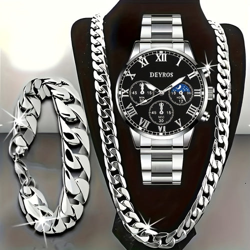 Men's Stainless Steel Chronograph Quartz Watch Set with Necklace & Bracelet – 3-Piece Business Analog World Time Jewelry Gift Set for Professional Formal Events