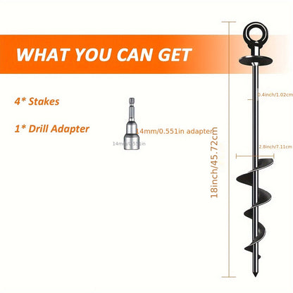 18 Inch Heavy-Duty Spiral Ground Anchors Carbon Steel – 4 or 6 Pack Screw-In Earth Auger Stakes for Tent, Trampoline, Dog Tie-Out, Garden & Outdoor Camping Secure Anchoring