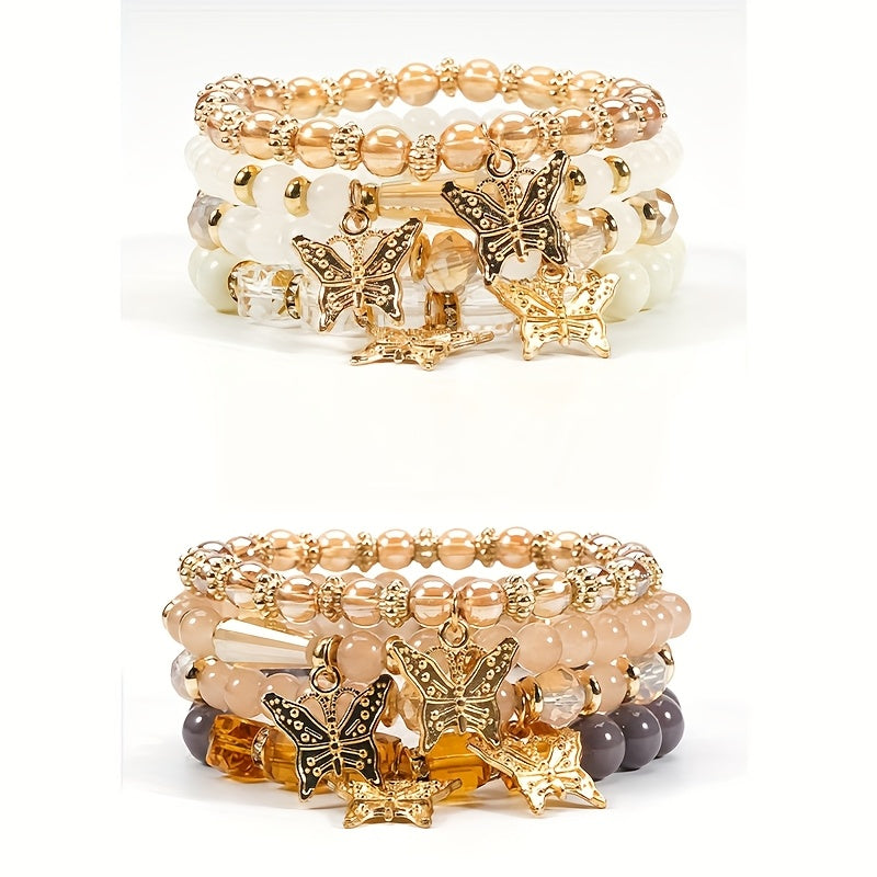 Boho Butterfly Beaded Bracelet Set for Women – 4, 8 & 16pcs Sparkle Multi-Layered Elastic Charm Stackable Bracelets, Perfect Gift for Stylish Ladies