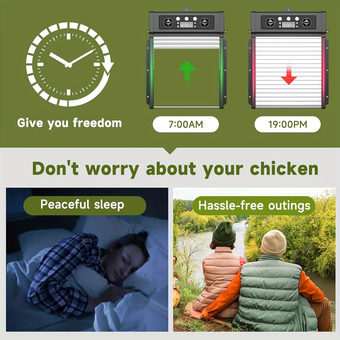 Automatic Chicken Coop Door Solar Powered with Timer & Light Sensor – Aluminum Alloy Anti-Pinch Design with 4000mAh Battery Solar Panel & Remote Control for Poultry Management