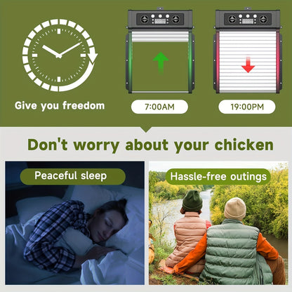 Automatic Chicken Coop Door Solar Powered with Timer & Light Sensor – Aluminum Alloy Anti-Pinch Design with 4000mAh Battery Solar Panel & Remote Control for Poultry Management