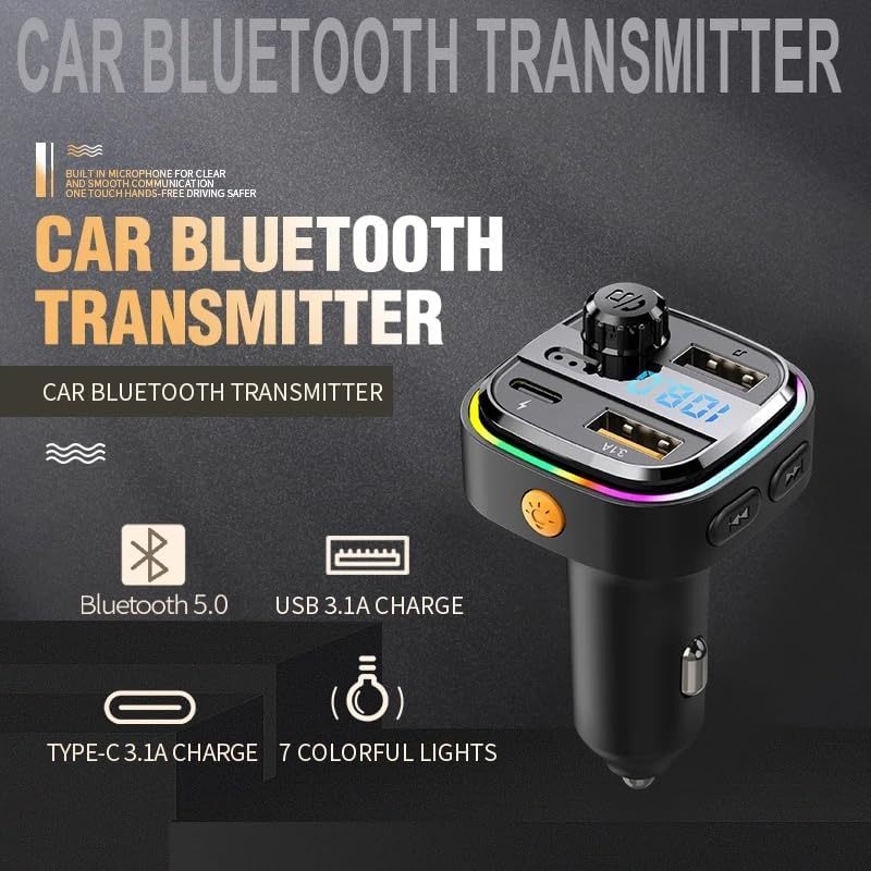 Bluetooth FM Transmitter for Car – BT 5.0, 48W QC3.0 & PD Fast Charge, Dual Microphone, 360° Bass, 2 USB + 1 USB-C Ports, Supports U Disk & AUX, Car Stereo Adapter – Black
