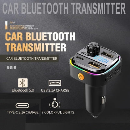 Bluetooth FM Transmitter for Car – BT 5.0, 48W QC3.0 & PD Fast Charge, Dual Microphone, 360° Bass, 2 USB + 1 USB-C Ports, Supports U Disk & AUX, Car Stereo Adapter – Black